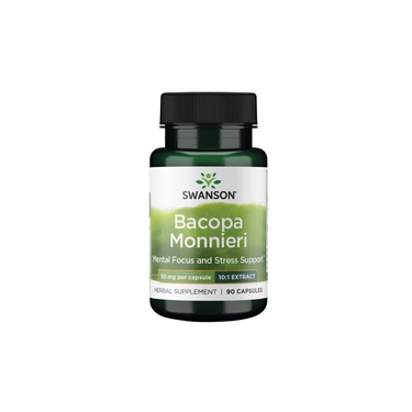 A bottle of Swanson Bacopa Monnieri 10:1 Extract, 50 mg, contains 90 capsules and supports mental focus, memory, and stress.